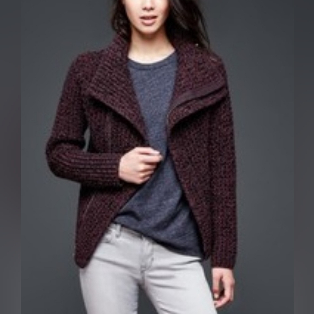 GAP Chunky Moto Sweater Asymmetric 100% Cotton Cardigan in Red Mahogany Size S
